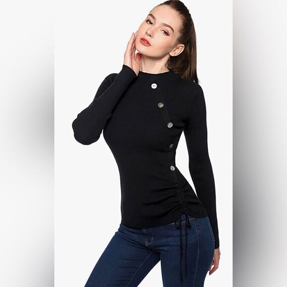 AmélieBoutik Women Mock Neck Button Embellished Drawstring Detail Sweater - Picture 1 of 9